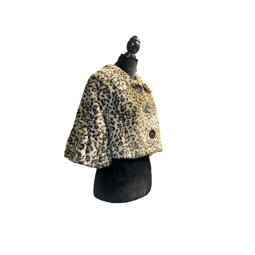 Sans Sauci Cropped Faux Fur Leopard coat Rouched Cropped Bell Sleeve Size Me